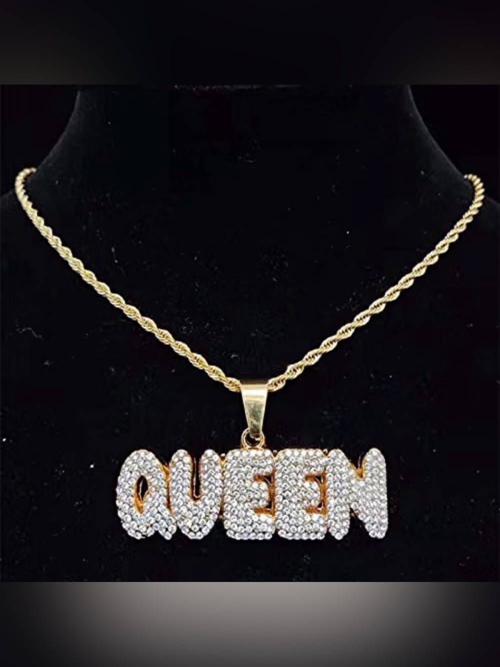 Hip pop QUEEN Pave Crystal Name Pendant Necklace - Gold & Clear